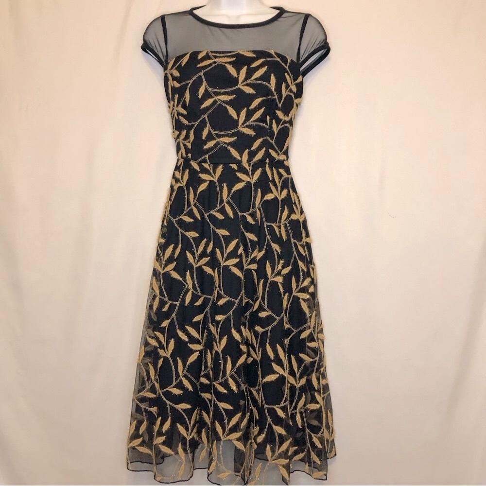 Eva Franco Black And Gold Embroidered Short Sleeve Dress NWOT
